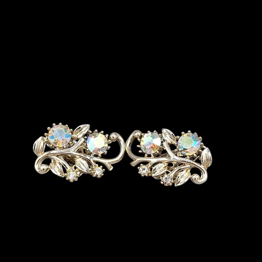 Vintage 1950s Coro AB Aurora Borealis Clip On Earrings Floral Leaf Gold Tone